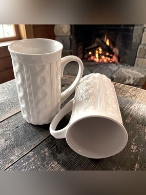 Pair/2 Fisherman Cable Knit Style Off-White Coffee Mugs By Bay Island New Cond